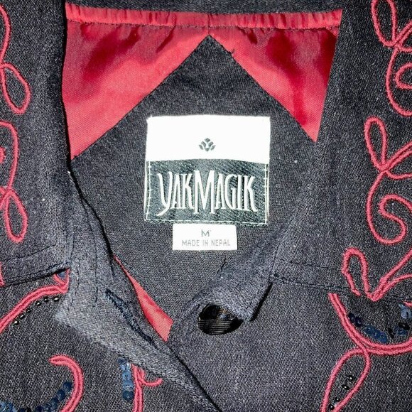 Yak Magik 100% Cotton Jacket Charcoal Black Red All Over Embroidery Sz M - Picture 3 of 12